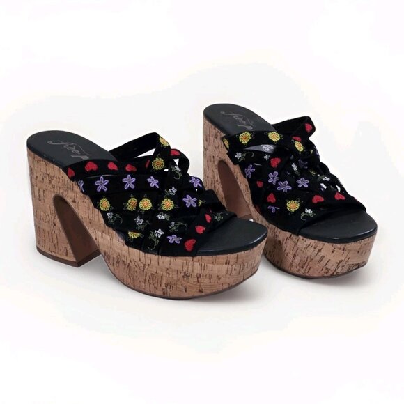 Free People Lisbon Clogs Womens 40 Chunky Cork Platform Suede Floral Embroidery - Picture 3 of 16